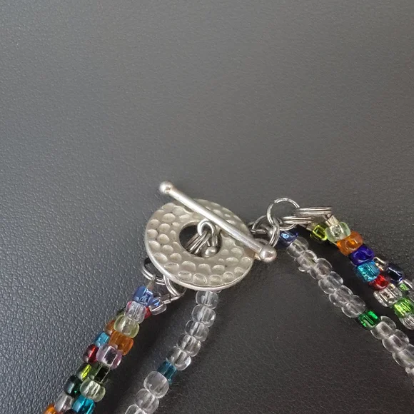 Handmade Multicolor Seed Bead & Clear Crystal Necklace | 3-Strand Beaded Choker - Picture 4 of 5
